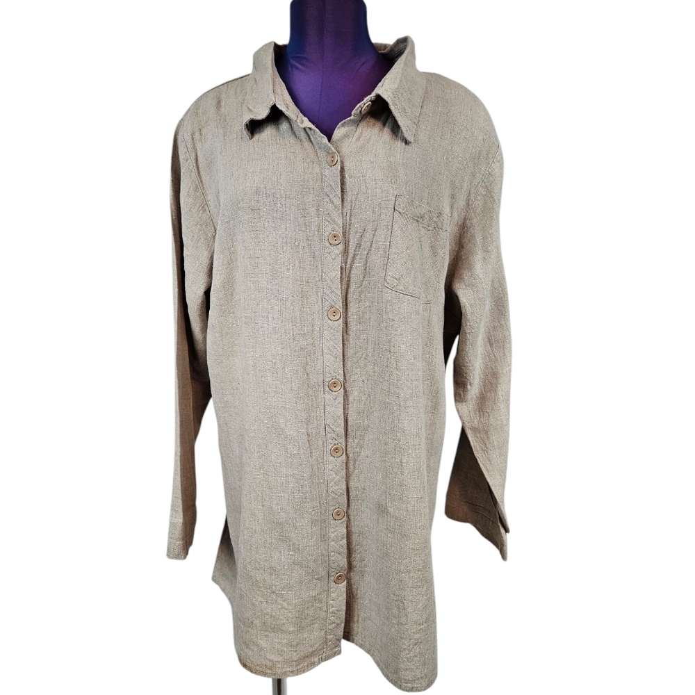 Flax Tan Natural 100% Linen Button Front Tunic Top Size Large Women's A39 - Picture 11 of 11